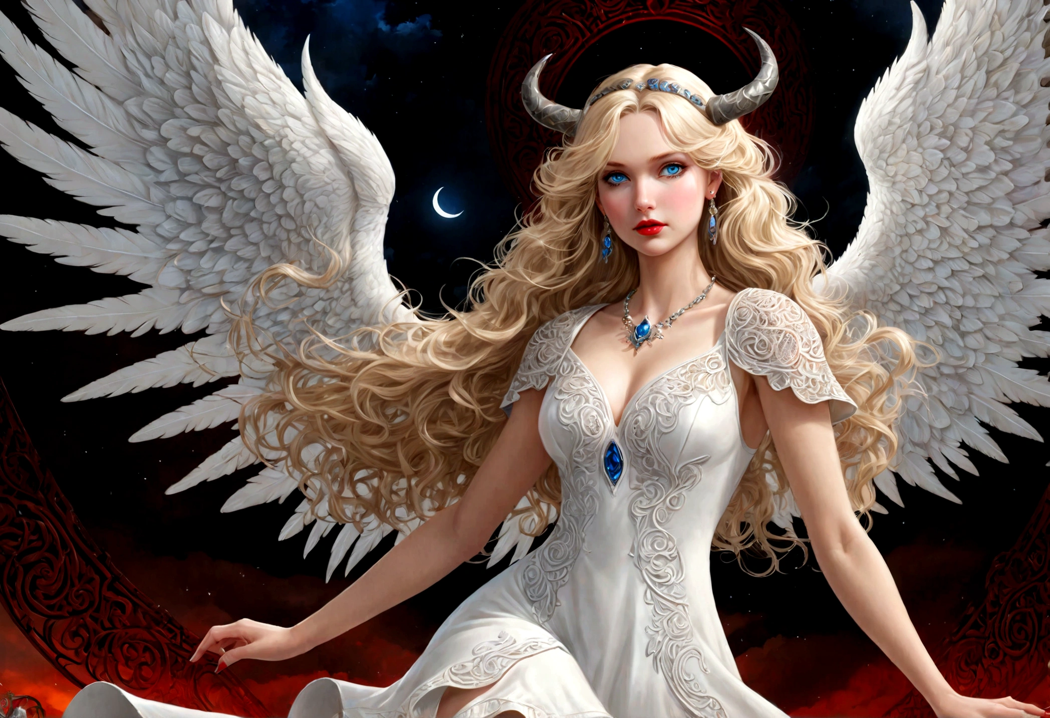 fantasy art, RPG art [[a picture of 2 women]], single1 female angel, wearing white dress, pale skin, beautiful face, blond hair, long hair wavy hair, blue eyes, high heeled boots, wearing a dress (Masterpiece, intricate details: 1.5), large angelic wings, white angelic wings spread AND a single1 female demon, red skin  demonic wings, black demonic wings spread, demonic horns, red skin, black hair, red eyes, beautiful face, wearing a dress (Masterpiece, intricate details: 1.5), high heels, in the border between heaven and hell, moon, stars, clouds, god rays, soft natural light silhouette, dynamic angle,  photorealism, panoramic view  Wide-Angle, Ultra-Wide angle, ultra best realistic, best details, 16k, [ultra detailed], masterpiece, best quality, (extremely detailed), photorealism, depth of field, hyper realistic painting
