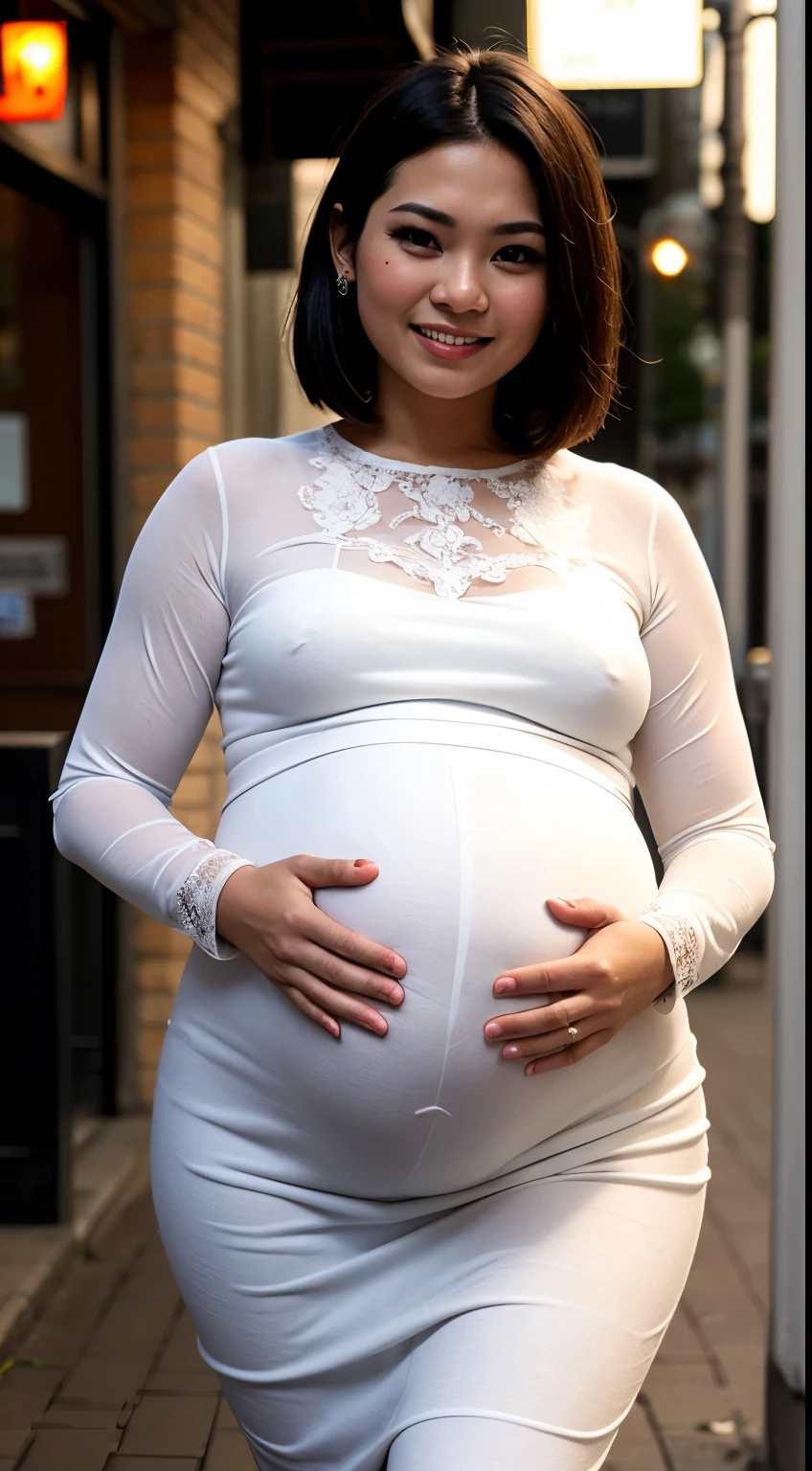 1 malay woman, very long white hair,((wear white baju kebaya )),(Small buttocks), small ass, Smaller chest, laughing smile, de pele branca, ((pregnant)),big breasts thin waist, china street style street, Hyper-Realism, Cinematic lighting, depth of fields, From below, vanishing point, F/2.8,  Anatomically correct, Textured skin, Super Detail, awardwinning, Best Quality, hight resolution,