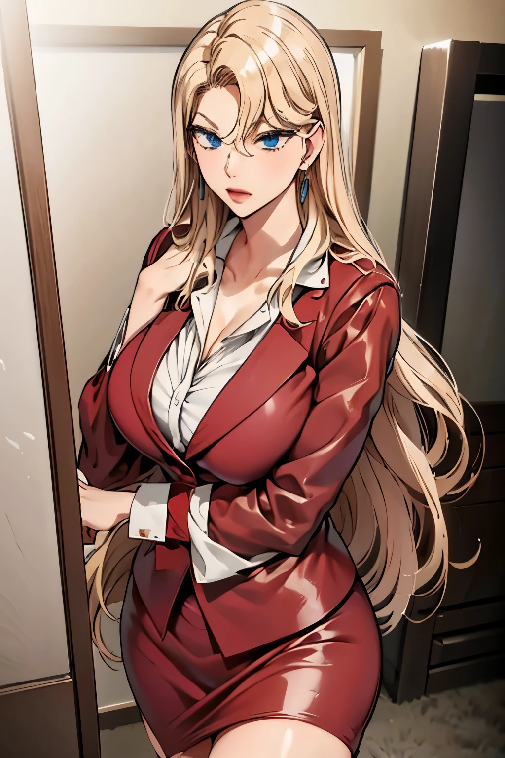 score_9, score_8_up, score_7_up,score_6_up, 1girl, solo, ReikaKurashiki,blonde hair,long hair,blue eyes,earrings, large breasts, skirt_suit,red jacket,collared_shirt,collarbonea,cleavage, red skirt,pencil_skirt, black_stocking, 8k, best quality, high quality, masterpiece