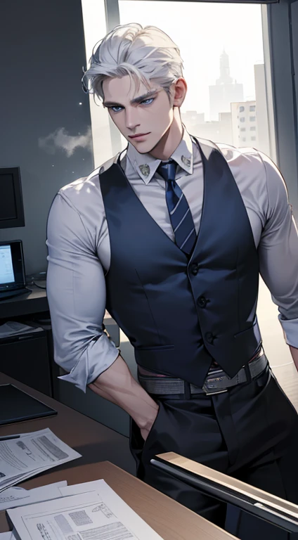 (best quality, masterpiece, 8K, photorealistic, cinematic lighting, hdr image, ultra detailed, beautiful image), 1 man, 31 years old, mature man, very handsome, (without expression, serious), short white hair, blue eyes ( penetrating gaze), perfect face without errors, imposing posture, without errors, businessman, office background