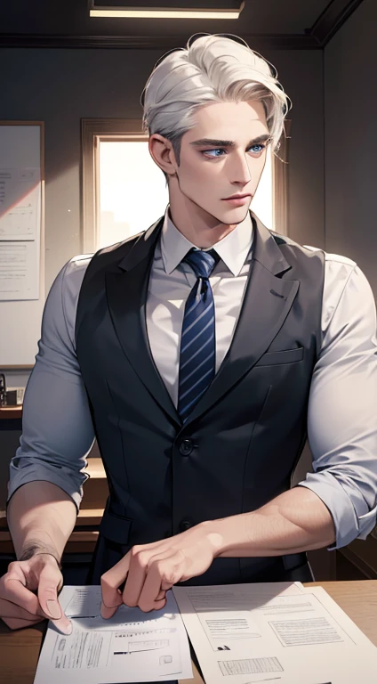 (best quality, masterpiece, 8K, photorealistic, cinematic lighting, hdr image, ultra detailed, beautiful image), 1 man, 31 years old, mature man, very handsome, (without expression, serious), short red hair, blue grey eyes ( penetrating gaze), perfect face without errors, imposing posture, without errors, businessman, office background