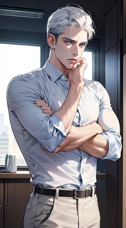 (best quality, masterpiece, 8K, photorealistic, cinematic lighting, hdr image, ultra detailed, beautiful image), 1 man, 31 years old, mature man, very handsome, (without expression, serious), short white hair, blue eyes ( penetrating gaze), perfect face without errors, imposing posture, without errors, businessman, office background