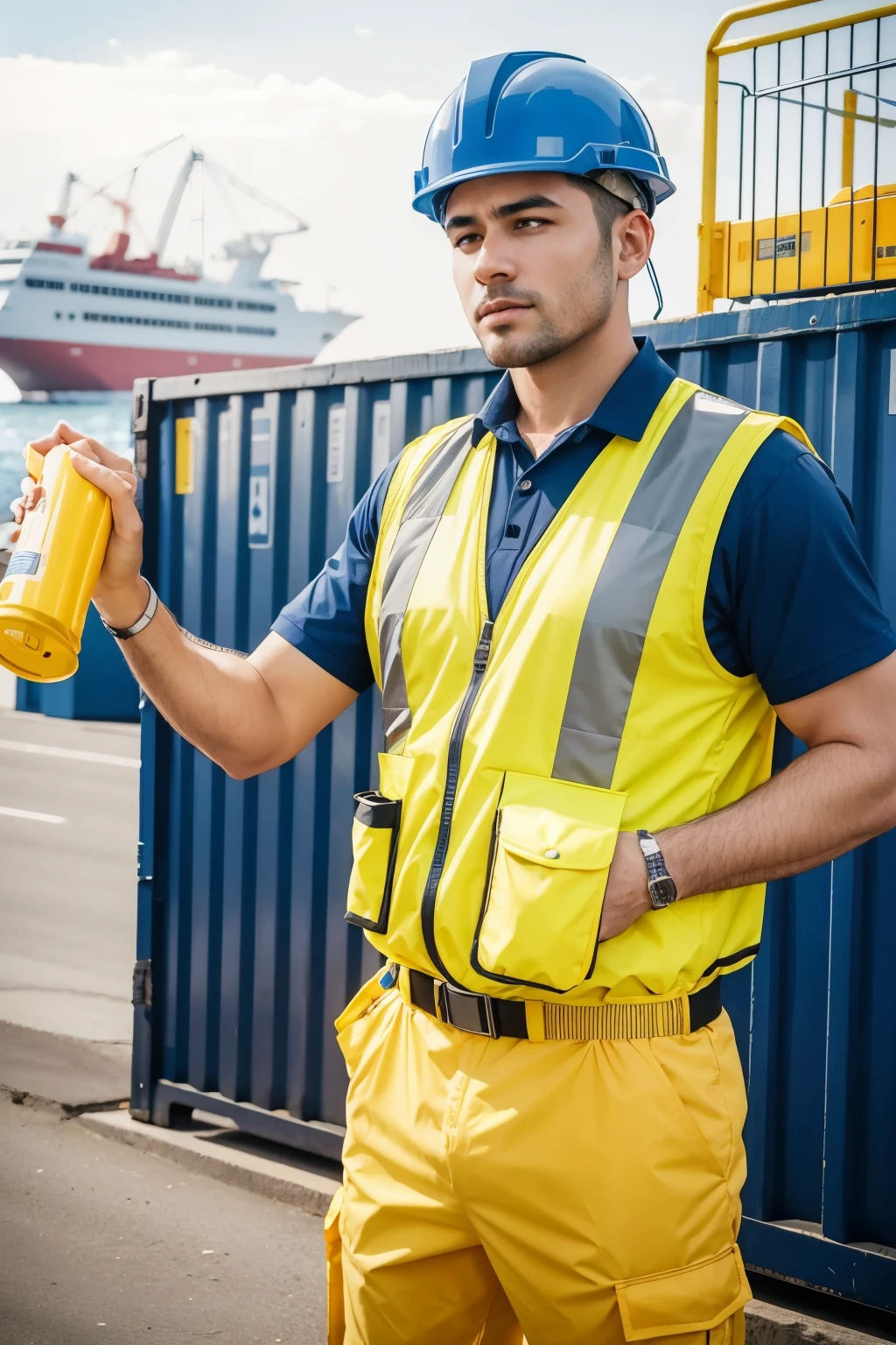 men in yellow safety vests with blue stripes, trabalhando descarregando cargas e containers ao lado de um navio apenas