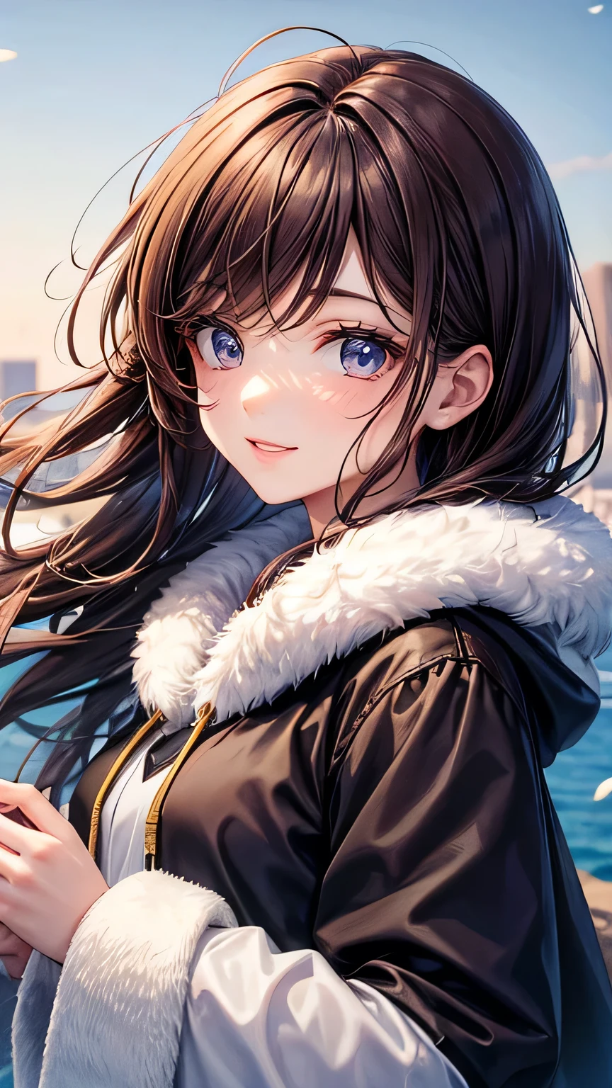 Beautiful woman 1.3, Beautiful brown hair: 1.2, , Night Road: 1.2,moon light: 1.1, Ultra-high resolution, Accurate, Super detailed, Textured skin, High detail, highest quality, 8k,Thin bangs,Upper Body,Well-drawn eyes, Focus on the face,White hoodie,Detailed hair depiction,Detailed depiction of eyes、Detailed depiction of hair、moon、Upper Body、smile