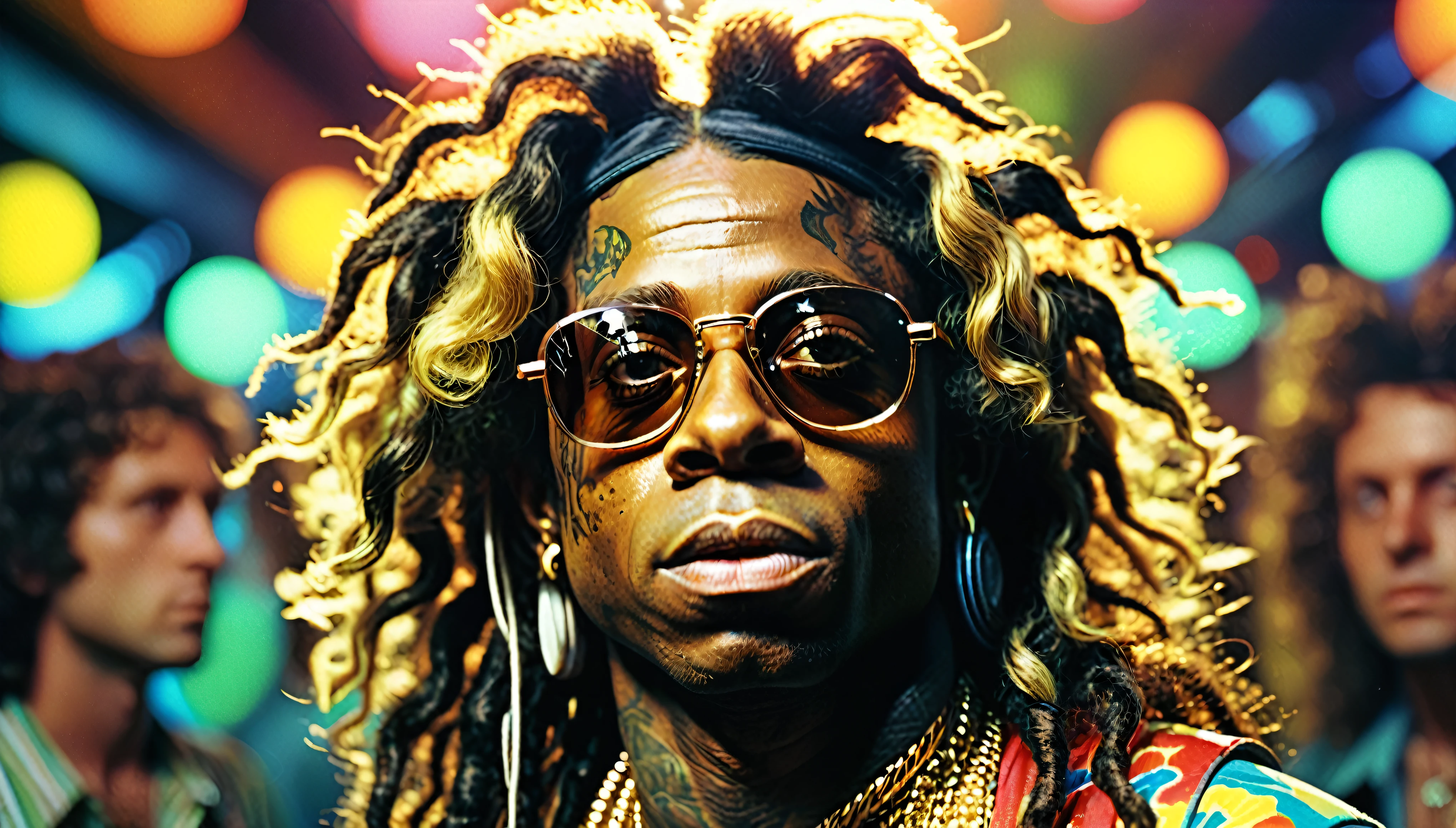 1970s psychedelic photo of "lil wayne", he has a perm, 35mm, atmospheric perspective, depth of field, cinematic lighting, reflection light, backlighting, masterpiece, anatomically correct, textured skin, super detail