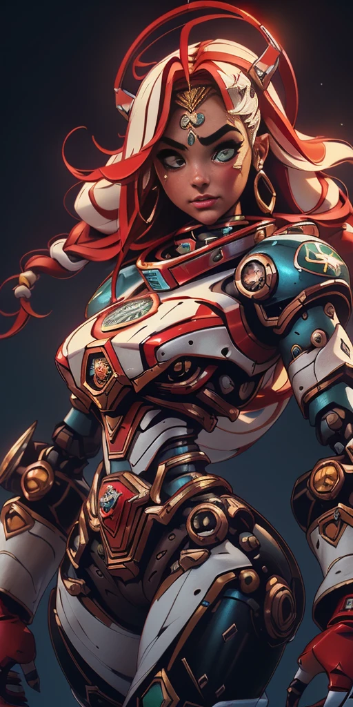 NSFW, a mais alta qualidade, detalhes marcantes, super high res, (fidelidade: 1.4), best illustration, favorable details, Close-up, ((uma garota africana mecha com um rosto delicado e bonito, Red and white semimechanical body: 1.8)), (peito grande: 1.2), sexy, umbigo, decote, Cyberpunk, futurista, mechanical aesthetics, complex machinery, background is a high-tech lighting scene of the futuristic city, Motor Virtual 5, Perfect detail rendering, octane rendering, Ultra HD | | |