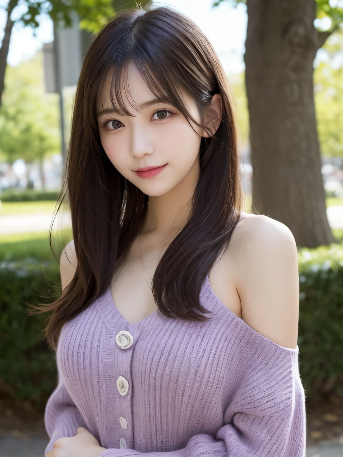 masutepiece, Best Quality, Illustration, Ultra-detailed, finely detail, hight resolution, 8K Wallpaper, Perfect dynamic composition, Beautiful detailed eyes, doress, long Hair, mid-chest, Natural Color Lip, Random and sexy poses,Smile, Blurred park background、20 years girl、Colossal 、Too much exposure、No shoulder knitwear（purple）、Exposing the chest、Slid、I keep my hair tied up