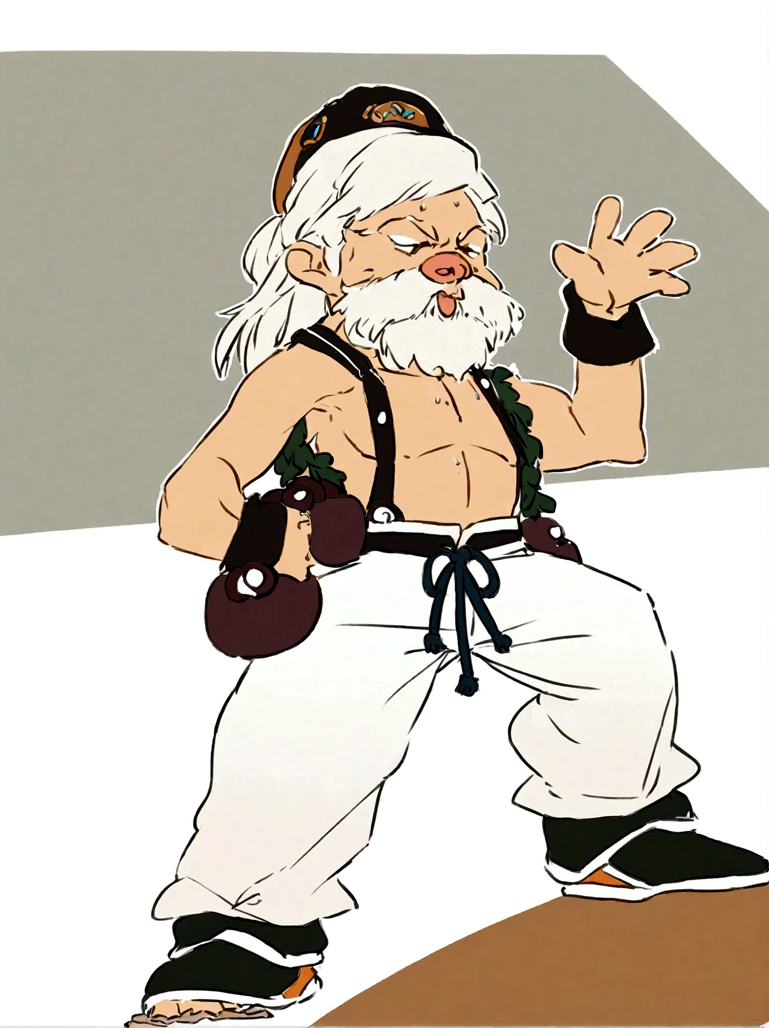 A bearded man，Comic Style，hat，Pants，Round hat，White trousers，solo