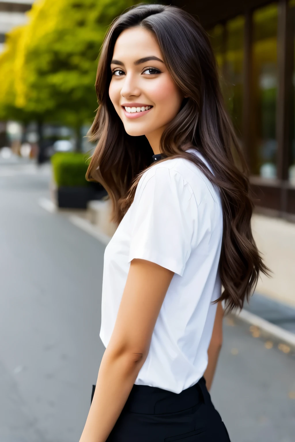 1 chica en, edad19, Solo, pelo largo, Colosal , mirando al espectador, pelo rubio, hombros descubiertos, Brown eyes, joya, cuerpo completo, un collar, fuera de los hombros, blusa blanca, dentro de una cafeteria, sonrisa radiante, realista, un sexy