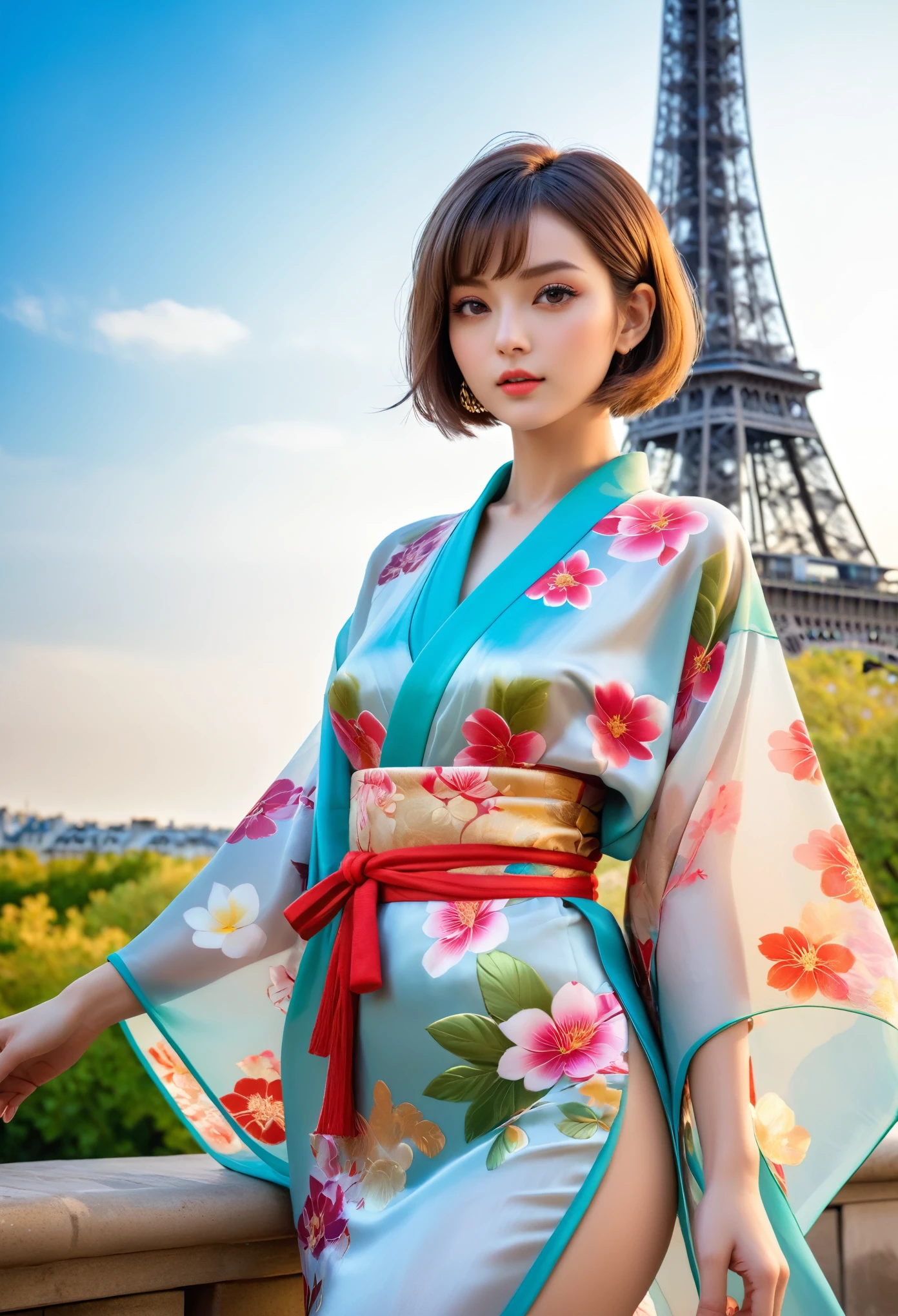 (Top quality, 16K, masterpiece: 1.3)), 1 girl, Clear focus: 1.2, Beautiful woman with perfect figure: 1.4, Slim abs: 1.2, (((bob short hair)), ((small: 1.4)), ((beautiful face idol: 1.3)), (Transparent fabric kimono 1.5)), Highly detailed face and skin textures, delicate eyes, Double eyelids, (((pause)), (Tempting)), walk, Paris Cityscape, Low Angle, Shot from below