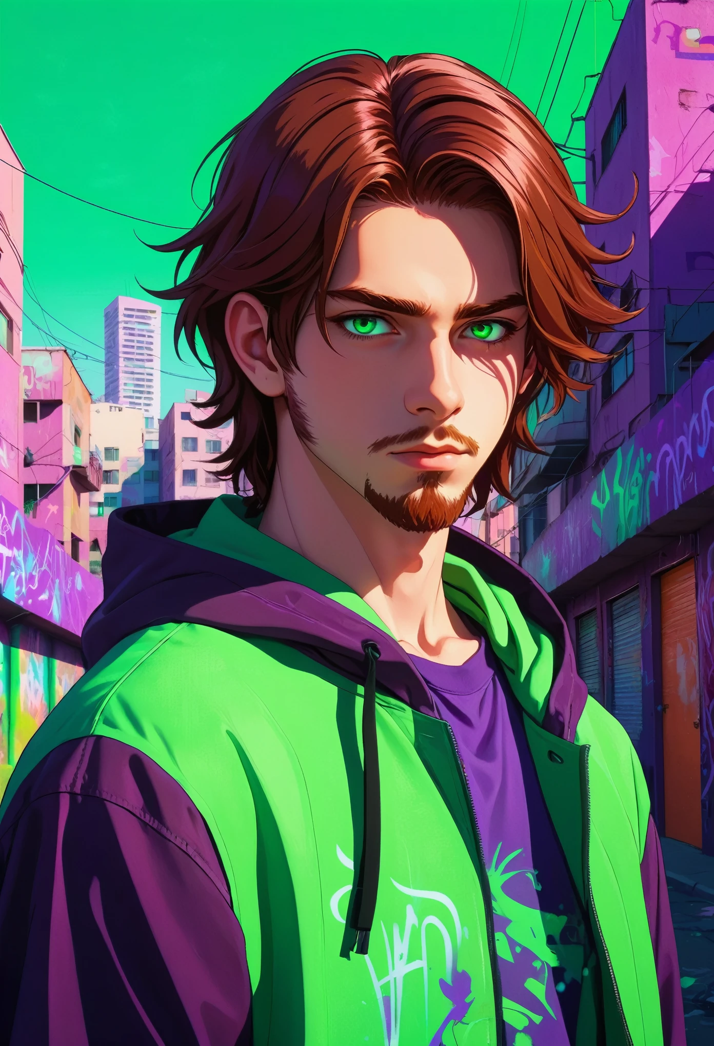 character half, male, Boys, , Medium Beard, Reddish brown hair, Green Eyes, long hair, calm. Sensible, Background with neon purple graffiti, Utopian city, Surrealism, Minimalism, expressionistic, Anime style, shadow, Film Grain, Vignette, contour, 1080P, Anatomically correct