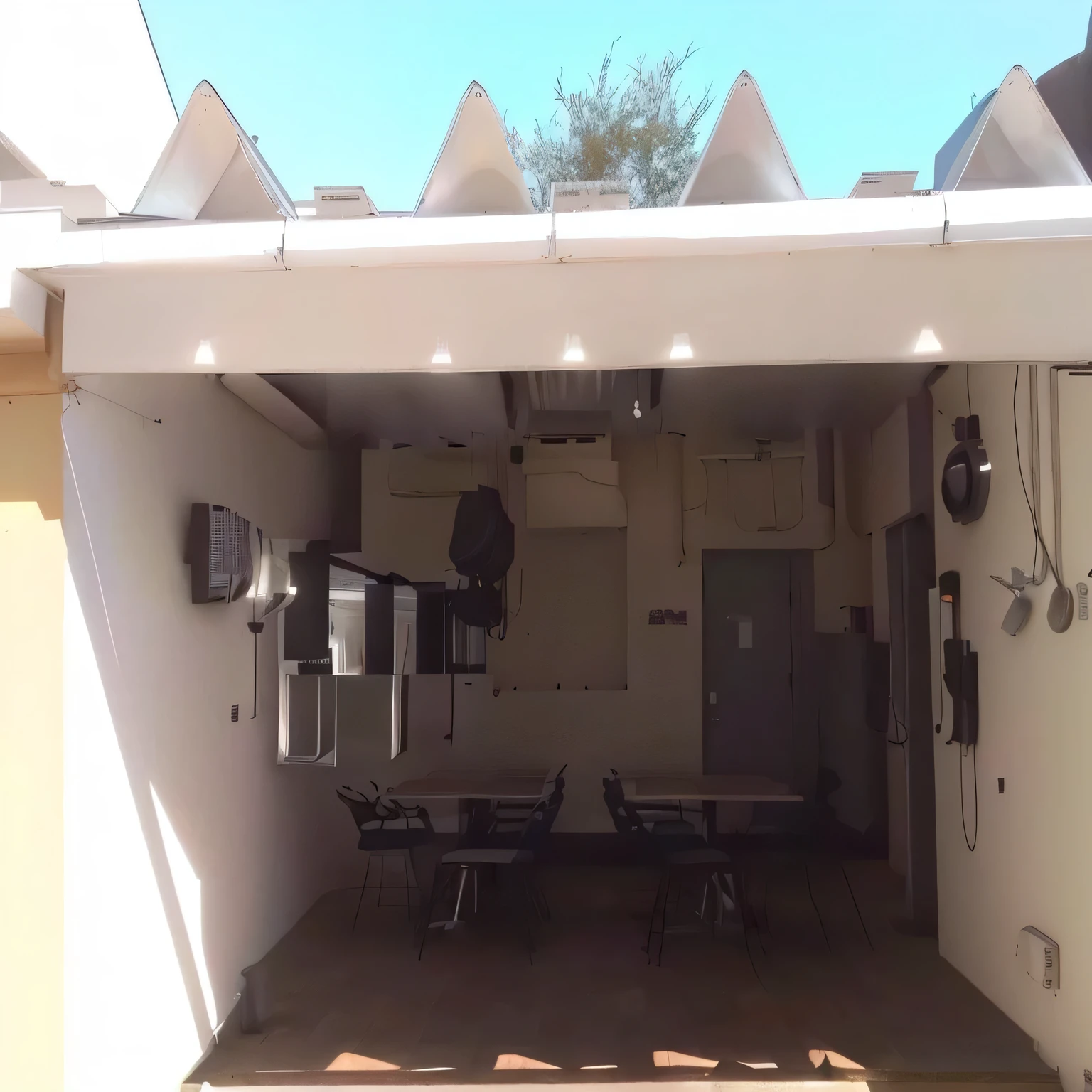set up a burger restaurant in this vector space with 5 tables and 4 chairs with a small kitchen