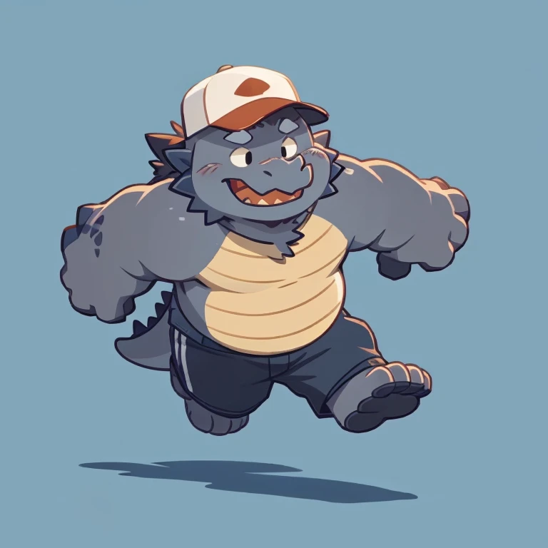 dragon face,Cute face,Humanity(dragon), (cap, running) , Chubby,(white eyebrows:1.1),(perfect black eyes),Simple background, Blue Background,print style。(Artist:Takemoto Arashi