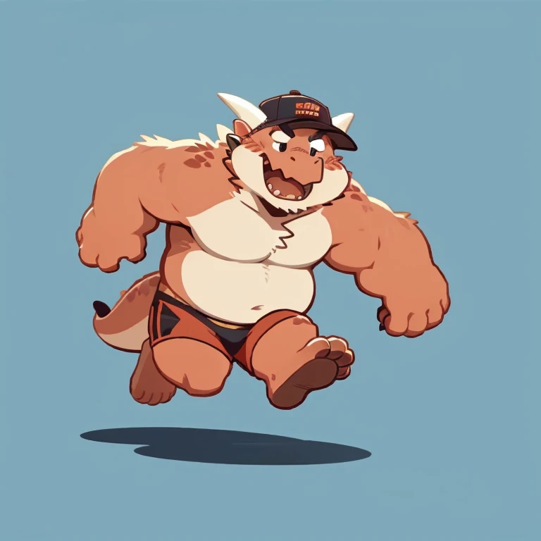 dragon face,Cute face,Humanity(dragon), (cap, running) , Chubby,(white eyebrows:1.1),(perfect black eyes),Simple background, Blue Background,print style。（Artist:Takemoto Arashi