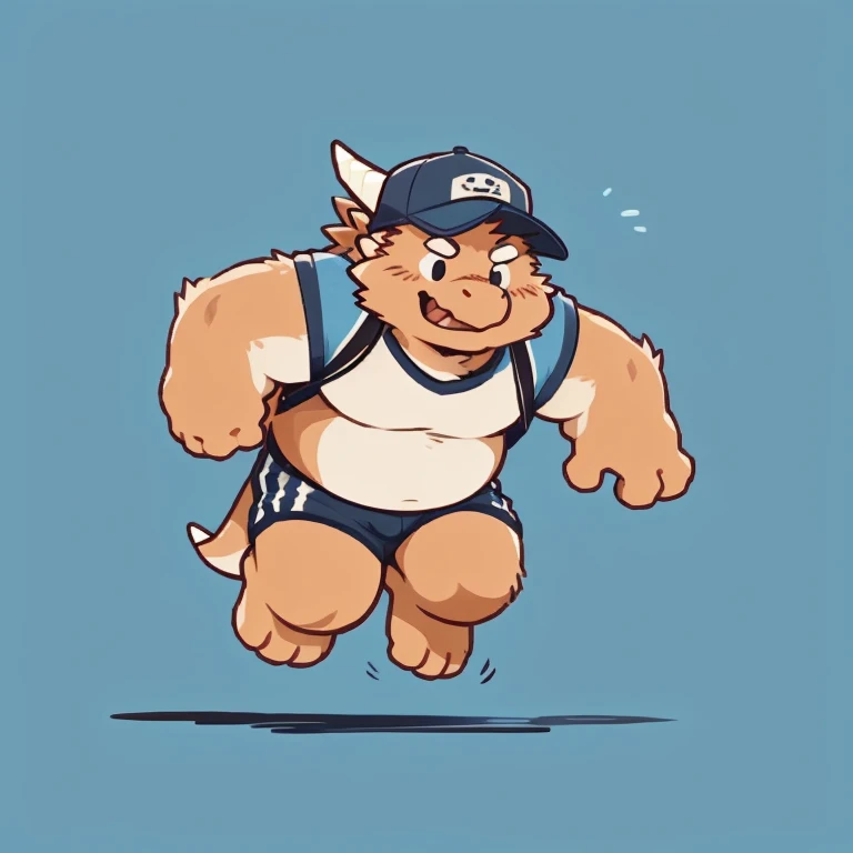 dragon face,Cute face,Humanity(dragon), (cap, running) , Chubby,(white eyebrows:1.1),(perfect black eyes),Simple background, Blue Background,print style。(Artist:Takemoto Arashi