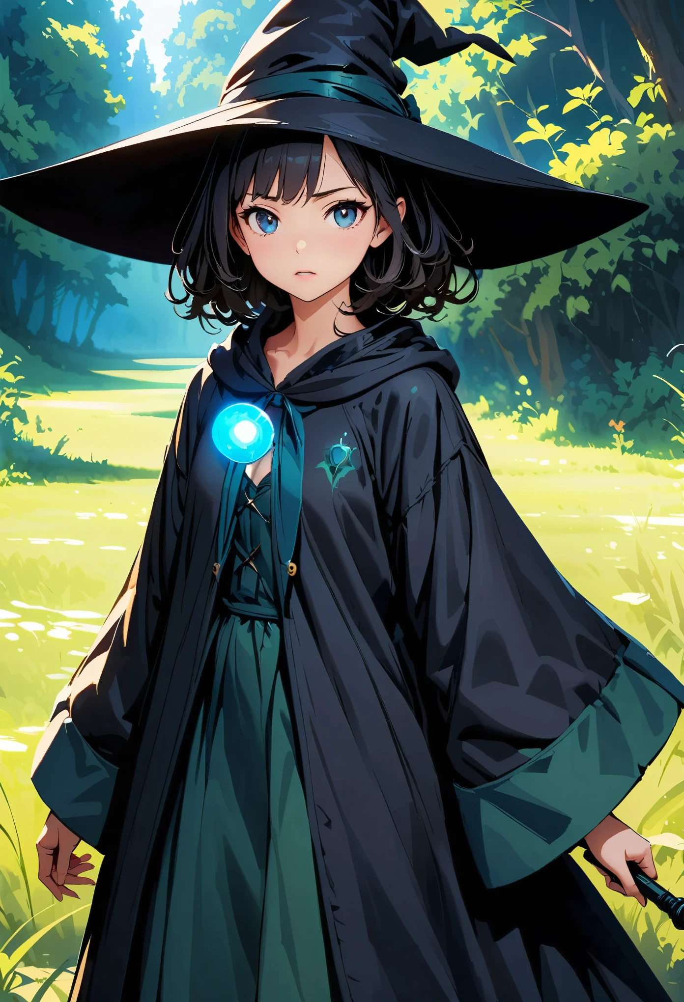 Young witch girl, Beautiful detailed eyes, Beautiful detailed lips, Very detailedな顔と肖像画, Long black hair, gothic ta dress, Witch Robe:1.2, Witch Hat, Have a magic wand, In the grassland, Forest Background, Dark fantasy, Cinematic lighting, A bad mood, Dramatic Shadows, Dramatic contrast, Calm colors, Cool color palette, Digital Art, Concept Art, Very detailed, 8k, masterpiece:1.2, Anime illustration.