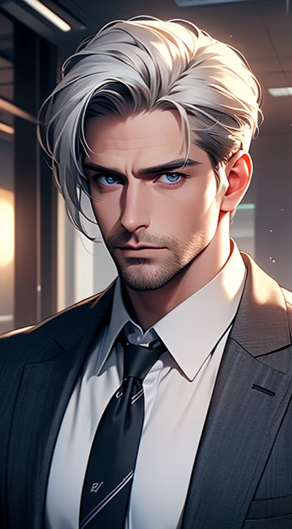 (best quality, masterpiece, 8K, photorealistic, cinematic lighting, hdr image, ultra detailed, beautiful image), 1 man, 31 years old, mature man, very handsome, (without expression, serious), short white hair, blue eyes ( penetrating gaze), perfect face without errors, imposing posture, without errors, businessman, office background