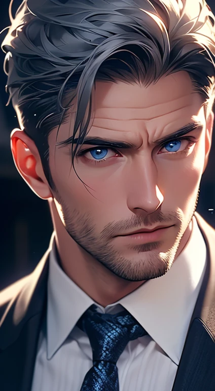 (best quality, masterpiece, 8K, photorealistic, cinematic lighting, hdr image, ultra detailed, beautiful image), 1 man, 31 years old, mature man, very handsome, (without expression, serious), short white hair, blue eyes ( penetrating gaze), perfect face without errors, imposing posture, without errors, businessman, office background