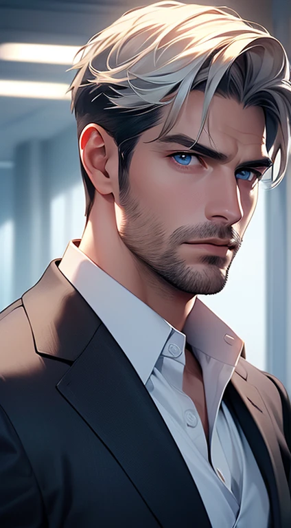 (best quality, masterpiece, 8K, photorealistic, cinematic lighting, hdr image, ultra detailed, beautiful image), 1 man, 31 years old, mature man, very handsome, (without expression, serious), short white hair, blue eyes ( penetrating gaze), perfect face without errors, imposing posture, without errors, businessman, office background