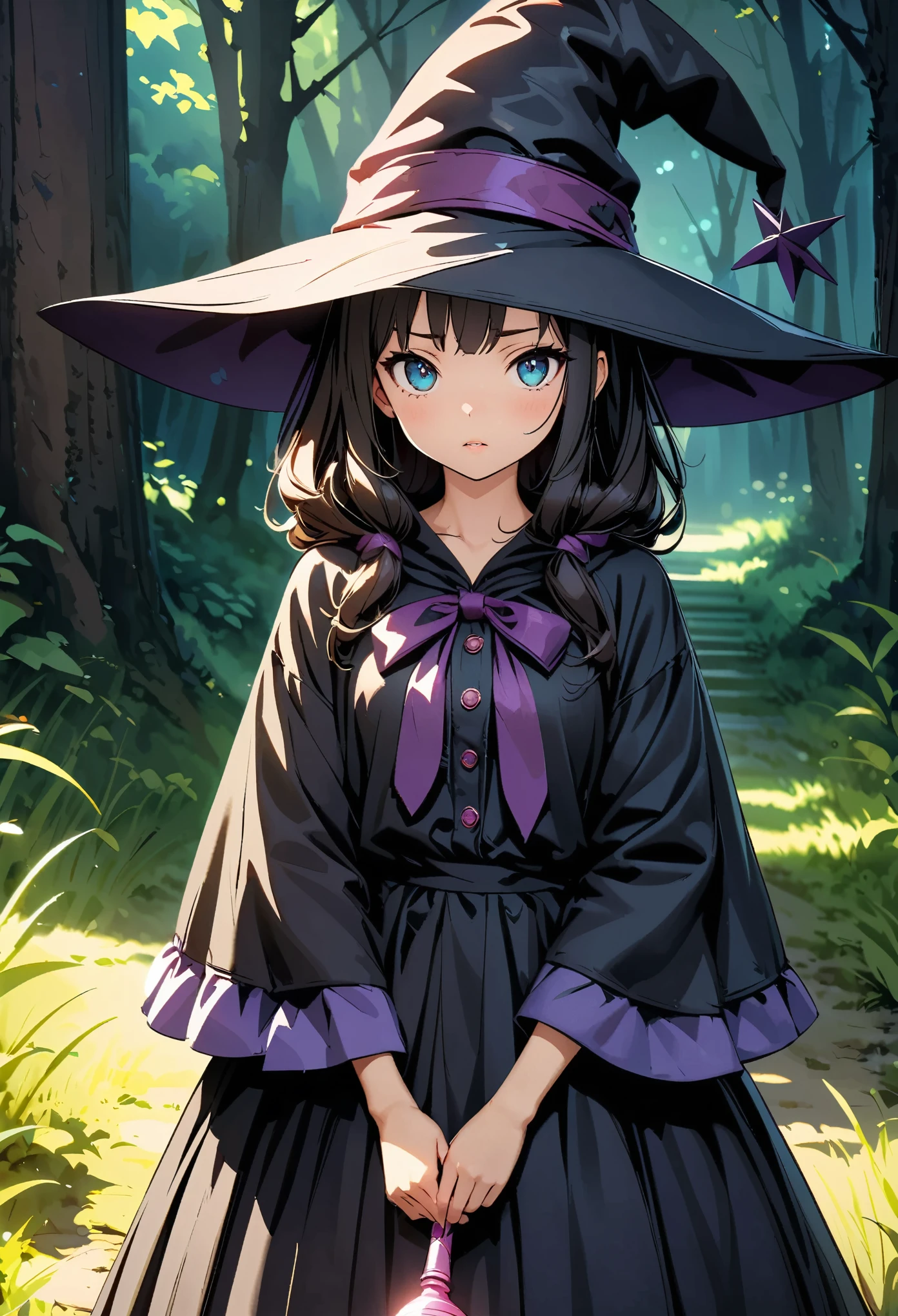 Young witch girl, Beautiful detailed eyes, Beautiful detailed lips, Very detailedな顔と肖像画, Long black hair, gothic lolita dress, Witch Robe:1.2, Witch Hat, Have a magic wand, In the grassland, Forest Background, Dark fantasy, Cinematic lighting, A bad mood, Dramatic Shadows, Dramatic contrast, Calm colors, Cool color palette, Digital Art, Concept Art, Very detailed, 8k, masterpiece:1.2, Anime illustration.