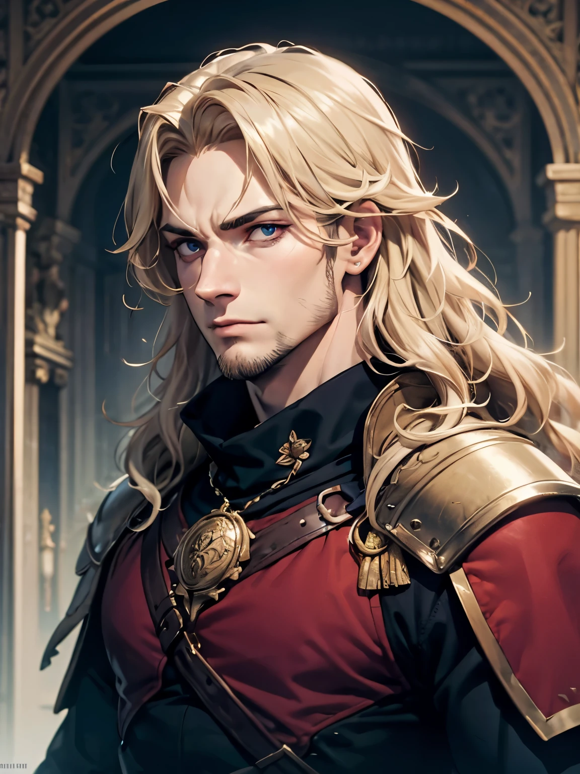 male, late 30s, ((blond, shoulder-length, middle-part wavy hair)), light-purple, deep-set, Sanpaku eyes, slightly thick blond beard, aquiline and hooked nose, slightly underbite, chiseled, slightly long face, fearless expression, strong and dependable body, medieval European royal attire, portrait