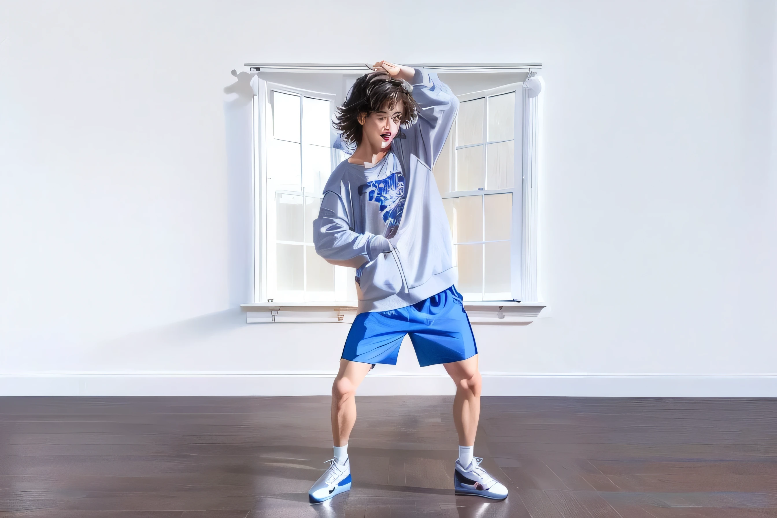 tem um homem em uma sala com janela e um skate, playful pose of a dancer, it looks like someone is dancing, Is he dancing, jovem com short, frantic dancing pose, Saltando para o espectador, dando um chute, jumping towards the viewer, man in defensive position, kawaii playful pose of a dancer, dynamic dancing pose