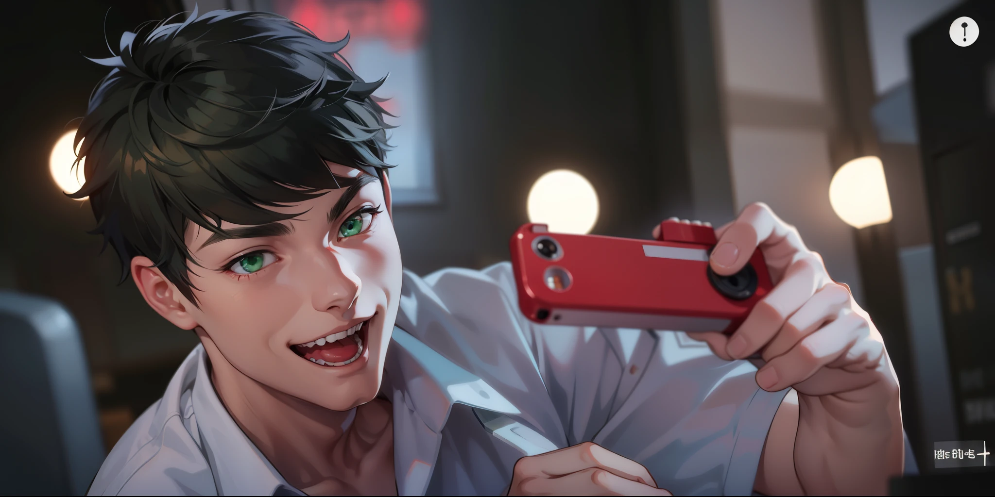 white hair green eyes is talking and laughing mischievously with malice cute 17 year old boy is taking a photo with a red cell phone