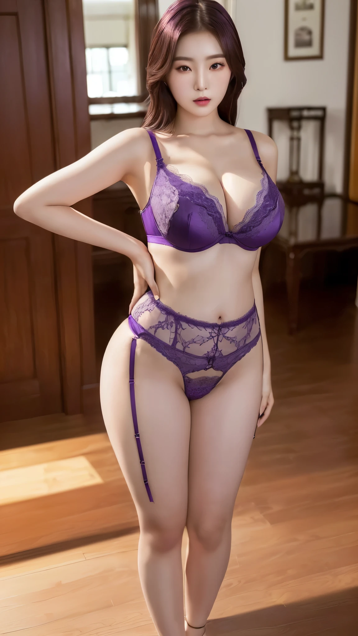 ((best quality, 8K, masterpiece)), ultra detailed, sharp focus, 1 beautiful woman, 20yo, highly detailed face and skin texture, beautiful detailed eyes, ((no panties)), huge breasts, (purple bra), ((ass focus)), (((back view)))