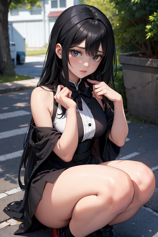 Anime girl in black and white dress sitting on the ground, Shitao&#39;s Animation, pixiv, Gothic art, Attractive anime girl, Panting, Beautiful anime girl squatting, Girls on the front lines, Anime girl squat, Smooth anime CG art, Lazurny Lane Style, Gothic girl anime girl,(((Full breasts,)))(((Large Breasts))) (((Cleavage))), All eyes are silver, mikasa ackerman, Attack on Titan