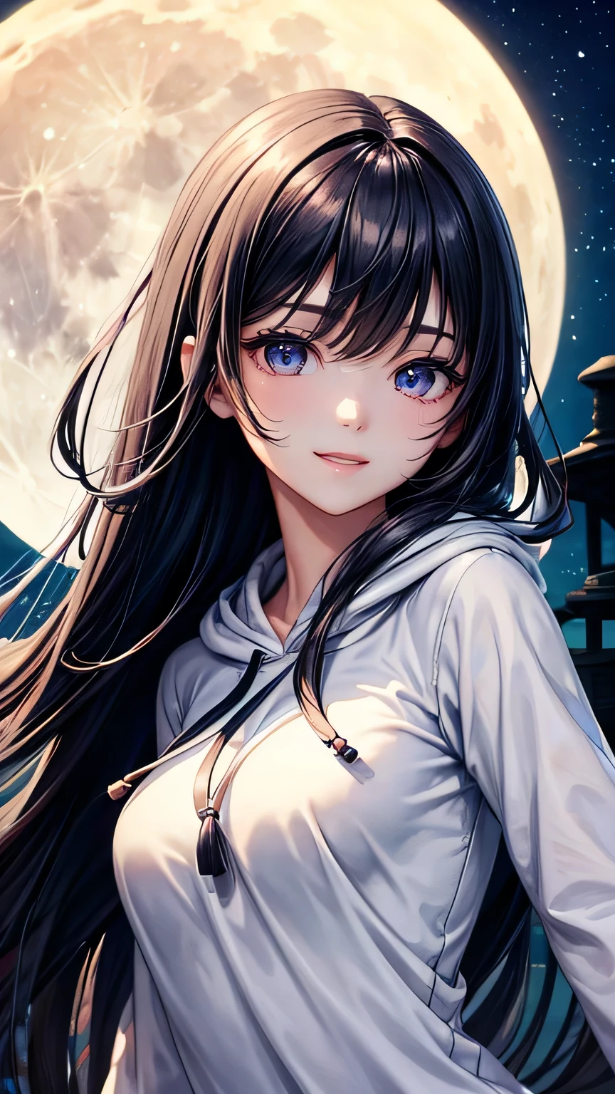 Beautiful woman 1.3, Beautiful straight long black hair: 1.2, , Night Road: 1.2,moon light: 1.1, Ultra-high resolution, Accurate, Super detailed, Textured skin, High detail, highest quality, 8k,Thin bangs,Upper Body,Well-drawn eyes, Focus on the face,White hoodie,Detailed hair depiction,Detailed depiction of eyes、Detailed depiction of hair、moon、Upper Body、smile