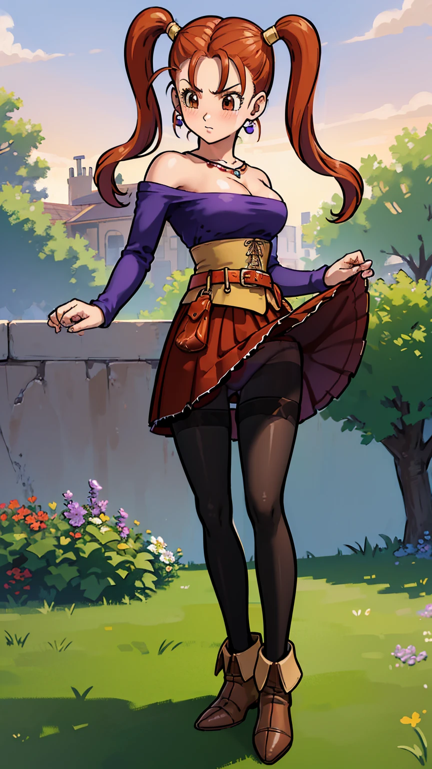 masterpiece,best quality,highres,ultra-detailed,aajessica,brown eyes,long hair,twintails,earrings,necklace,strapless dress,purple shirt,long sleeves,corset,belt,red skirt,long skirt,frills,black pantyhose,boots,(skirt lift:1.4),(panties over pantyhose,:1.4),blush,(embarrass:1.2),outdoors,garden,