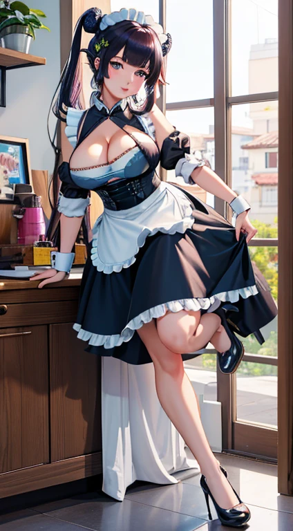 (best quality), 1 girl, Extremely detailed, illustration, yang guifei, permanent, (maid:1.4), (((Full breasts,)))(((Large Breasts))) (((Cleavage))),, maid apron, High heel