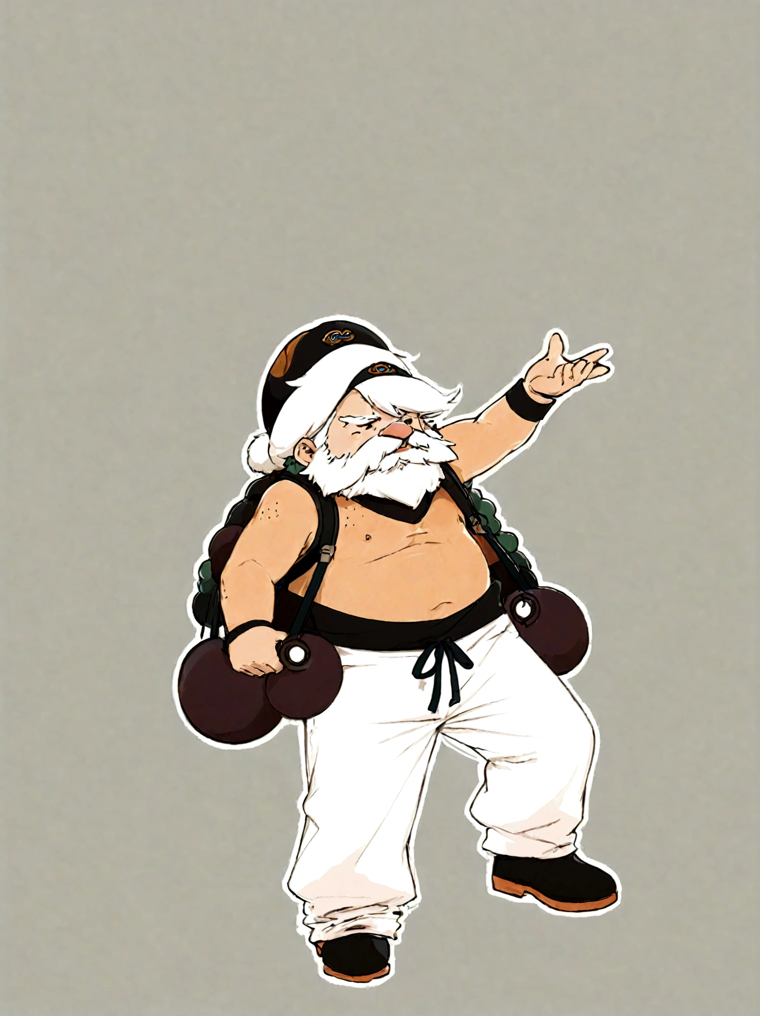 A bearded man,Comic Style,hat,Pants,Round hat,White trousers,solo