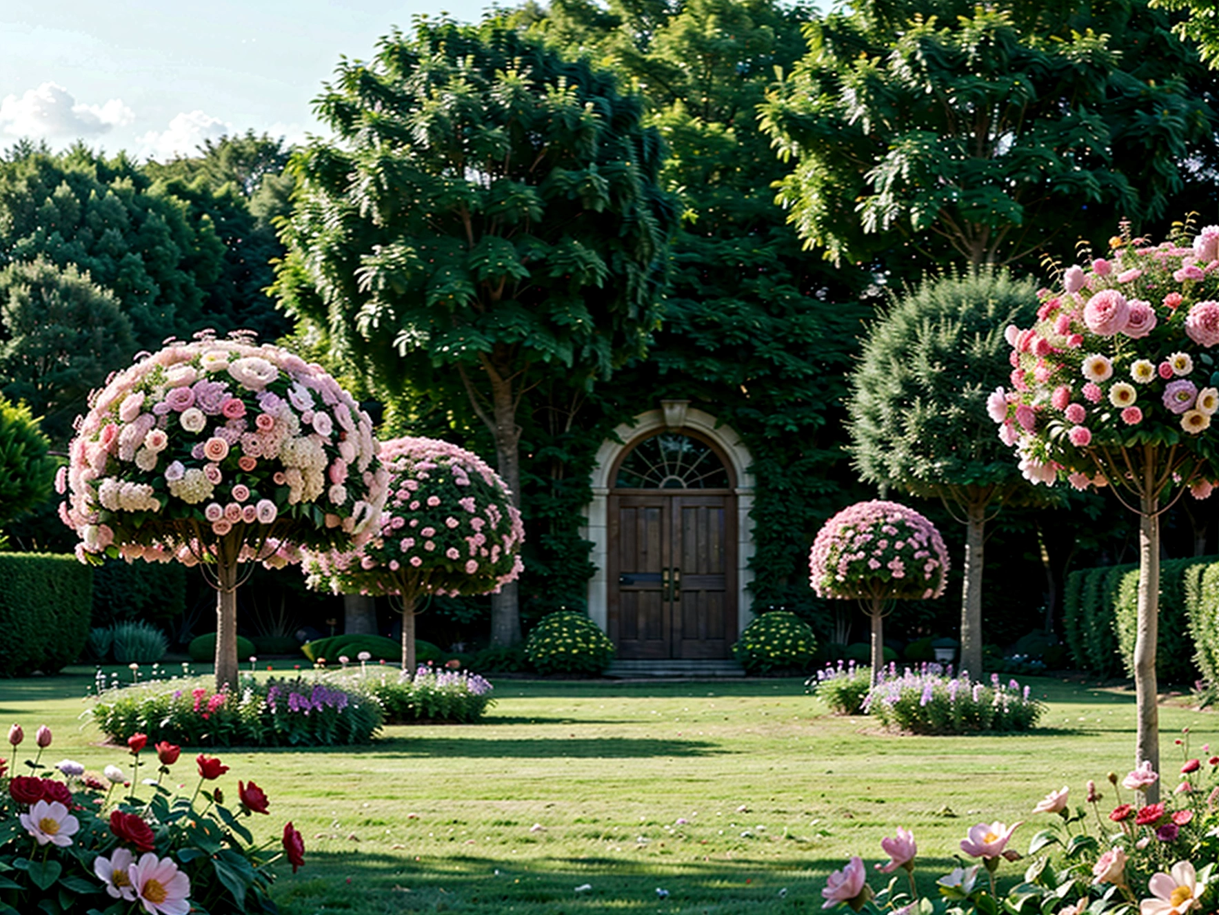 a field of tall floral topiaries, pastel-colored flowers, detailed floral arrangements, intricate topiary structures, lush greenery, soft lighting, serene atmosphere, calming pastoral landscape, delicate petals, vibrant pastel colors, photorealistic, cinematic composition, 8k, high quality, masterpiece