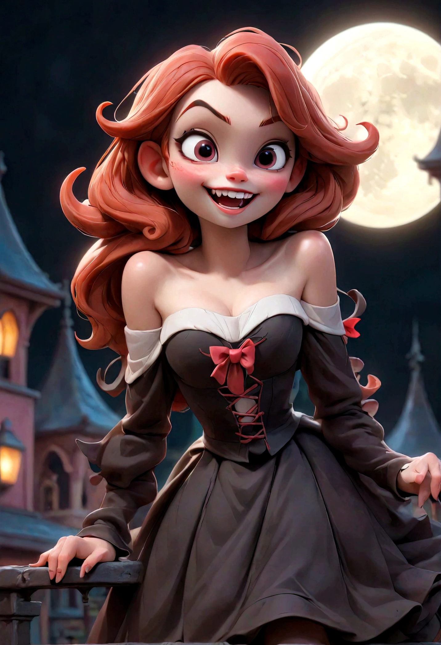 a vampire girl smiling, vampire teeth, floating pose, (strapless_dress), (round toe) mary_janes, haunted amusement park at night, moon at background