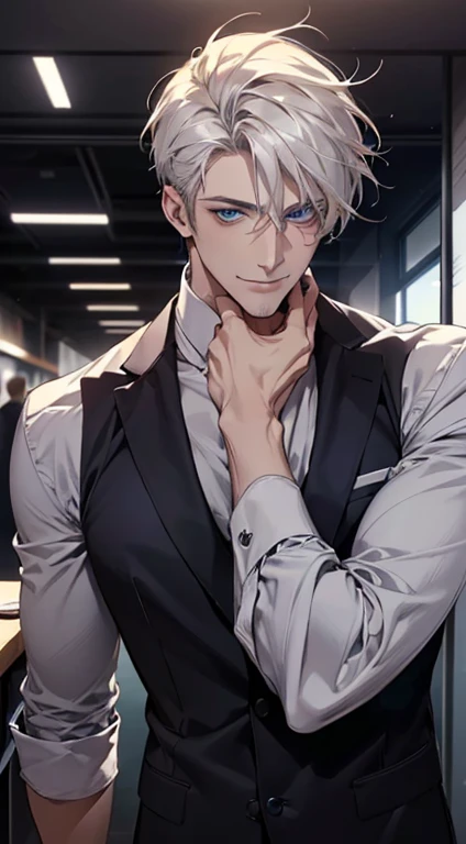 (best quality, masterpiece, 8K, photorealistic, cinematic lighting, hdr image, ultra detailed, beautiful image), 1 man, 31 years old, mature man, very handsome, (without expression, smile), short white hair, blue eyes ( penetrating gaze), perfect face without errors, imposing posture, without errors, businessman, office background