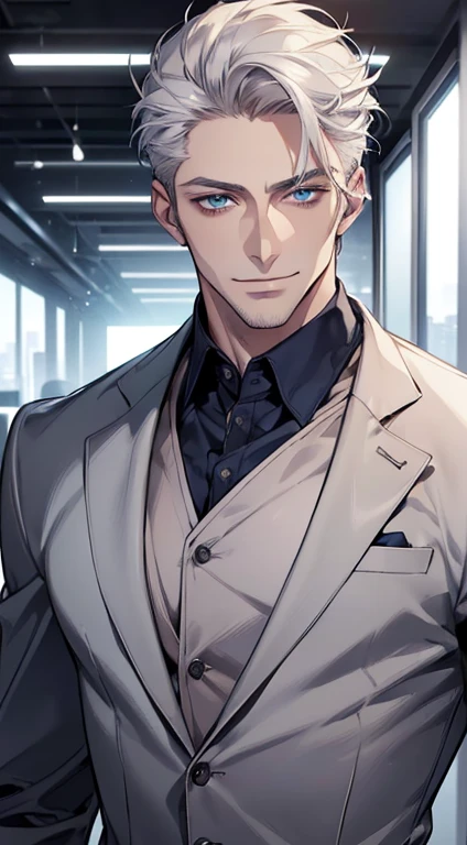 (best quality, masterpiece, 8K, photorealistic, cinematic lighting, hdr image, ultra detailed, beautiful image), 1 man, 31 years old, mature man, very handsome, (without expression, smile), short white hair, blue eyes ( penetrating gaze), perfect face without errors, imposing posture, without errors, businessman, office background