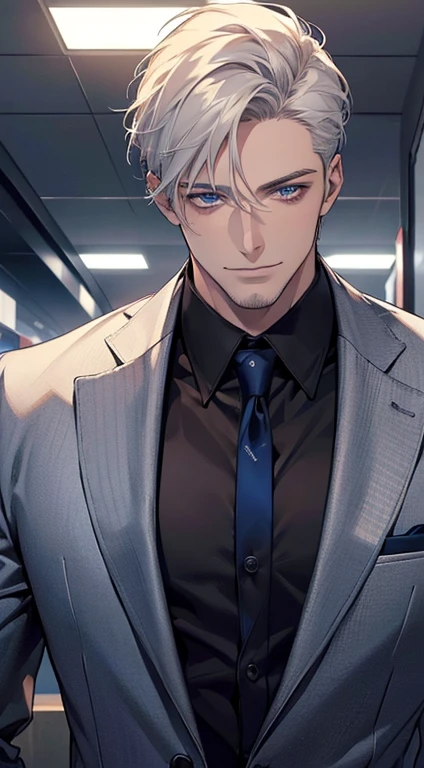 (best quality, masterpiece, 8K, photorealistic, cinematic lighting, hdr image, ultra detailed, beautiful image), 1 man, 31 years old, mature man, very handsome, (without expression, smile), short white hair, blue eyes ( penetrating gaze), perfect face without errors, imposing posture, without errors, businessman, office background