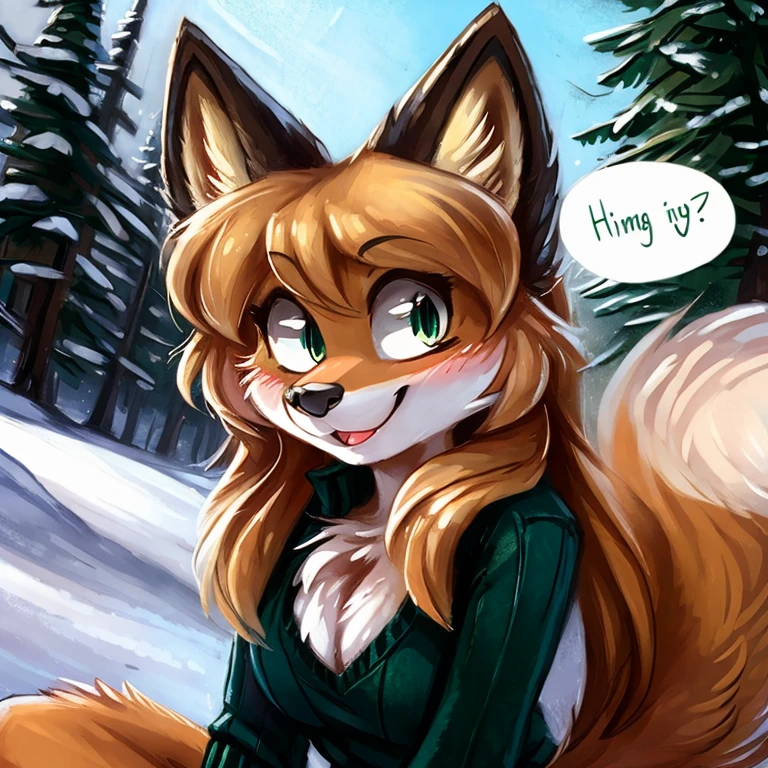 uploaded the e621, beautiful and detailed, woman (((female))) ((anthro)) Fox, (Averi, Fox girl), cinematic lighting, Fox, (anthro, fluffy fur), anthro fox girl, body fur, curvy, sexy, nice, cute, hot, comfortable anime-style cartoon-style, digital drawing, SFW, flat chest, chest fluff, blushing, green eyes, sassy, sassy hips, cute friendly smile, snow, forest, heart, hearts, speech bubble, looking at viewer, close up, sitting, by Kenket, by zero-sum, green sweater