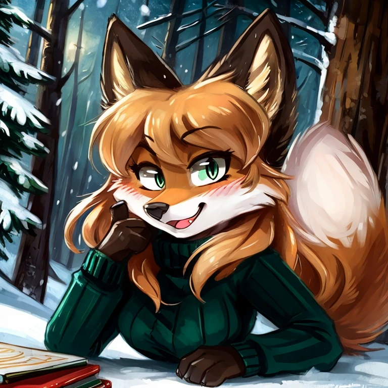 uploaded the e621, beautiful and detailed, woman (((female))) ((anthro)) Fox, (Averi, Fox girl), cinematic lighting, Fox, (anthro, fluffy fur), anthro fox girl, body fur, curvy, sexy, nice, cute, hot, digital drawing, SFW, flat chest, chest fluff, blushing, green eyes, sassy, sassy hips, cute friendly smile, snow, forest, heart, hearts, speech bubble, looking at viewer, close up, sitting, sitting on a rock, Ross Tran, ruan jia, by Kenket, by zero-sum, green sweater