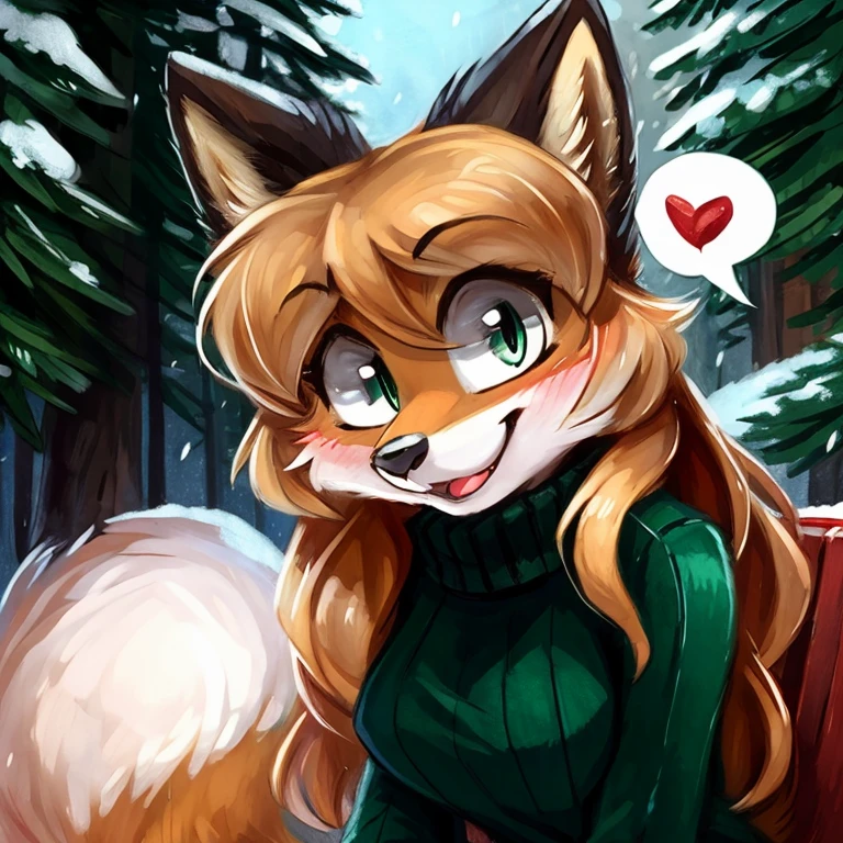 uploaded the e621, beautiful and detailed, woman (((female))) ((anthro)) Fox, (Averi, Fox girl), cinematic lighting, Fox, (anthro, fluffy fur), anthro fox girl, body fur, curvy, sexy, nice, cute, hot, comfortable anime-style cartoon-style, digital drawing, SFW, flat chest, chest fluff, blushing, green eyes, sassy, sassy hips, cute friendly smile, snow, forest, heart, hearts, speech bubble, looking at viewer, close up, sitting, by Kenket, by zero-sum, green sweater
