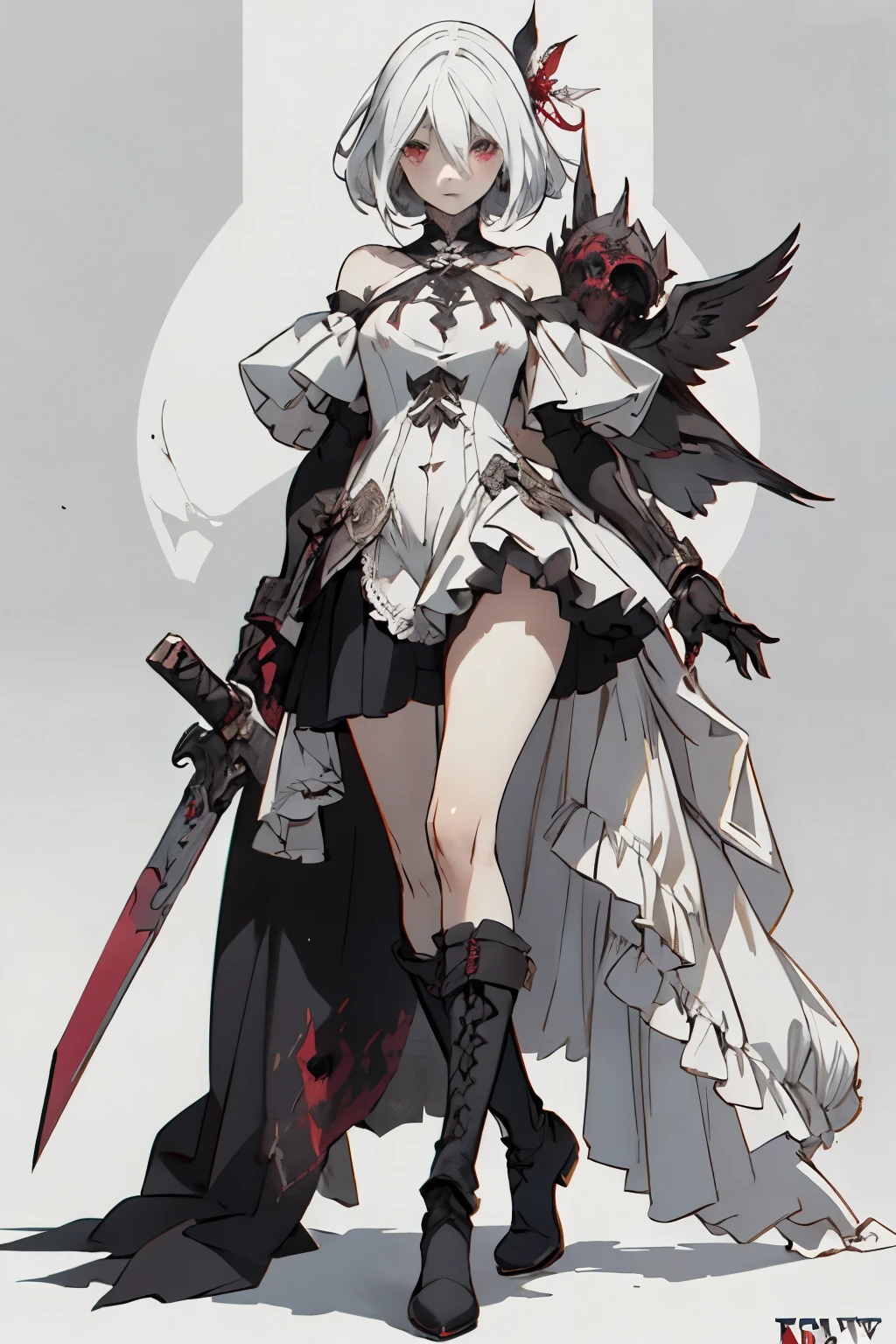 ((best quality)), ((masterpiece)), (detailed), 1girl, off-shoulder, blank white background, plain background, white background, red and white clothing, Bloodborne aesthetic, Bloodborne inspired, occult aesthetic, occult, detailed and intricate steampunk and detailed gothic, NSFW, Very dramatic and cinematic lighting, cosmic horror, grim-dark, side-lighting, perfect face, NSFW, Fluttering lace flared long knee length dress with frilly petticoats, knee length dress, pleated petticoats, petticoats gothic, complex lace boots, side-lighting, gothic aesthetic, wielding a mighty sword with mechanical components, carbine, NSFW, beautiful small breasts, small breasts, full body, whole body, body, plain background, white background, blank background, no background, white background NSFW, full body, whole body, head-to-toe NSFW,