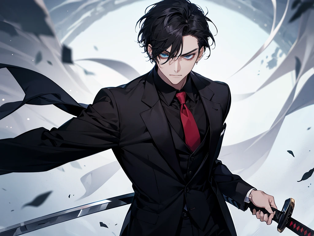 1 man, teacher, Wear a white shirt., black suit, black pants, black hair, short hair, blue eyes, red tie, Confronting the details, Detailed eyes, holding a katana, long sword,