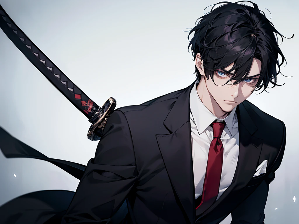 1 man, teacher, Wear a white shirt., black suit, black pants, black hair, short hair, blue eyes, red tie, Confronting the details, Detailed eyes, holding a katana, long sword,