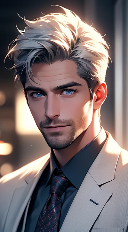 (best quality, masterpiece, 8K, photorealistic, cinematic lighting, hdr image, ultra detailed, beautiful image), 1 man, 31 years old, mature man, very handsome, (without expression, smile), short white hair, blue eyes ( penetrating gaze), perfect face without errors, imposing posture, without errors, businessman, office background