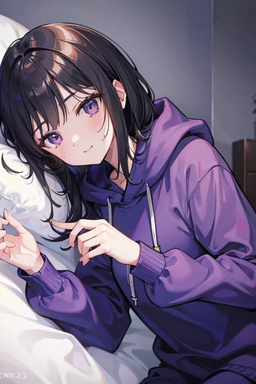 ((masterpiece, highest quality)), (One Woman), (alone), (Focus on women), (Black Hair), (Medium Hair), (Purple hoodie), (mature), (23 years old), (Gaze Here), Smiling faintly, Lying in bed