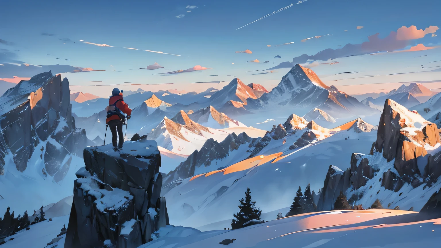 A picturesque landscape featuring two distinct mountains, each with unique characteristics. In the foreground, a therapist is climbing the left mountain, and a client is climbing the right mountain. Both climbers are visible and can see each other from their respective mountains. The mountains include various challenges such as rocky terrain, steep cliffs, and unpredictable weather patterns. The therapist and client are equipped with appropriate climbing gear and are depicted offering support and encouragement to one another. The scene includes clear skies with occasional clouds, and the mountain peaks are visible in the distance, symbolizing the ultimate goal and the sense of achievement that comes with the journey