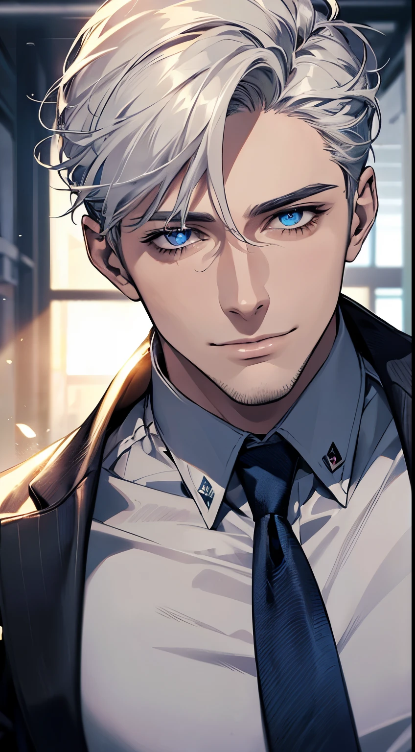 (best quality, masterpiece, 8K, photorealistic, cinematic lighting, hdr image, ultra detailed, beautiful image), 1 man, 31 years old, mature man, very handsome, (without expression, smile), short white hair, blue eyes ( penetrating gaze), perfect face without errors, imposing posture, without errors, businessman, office background