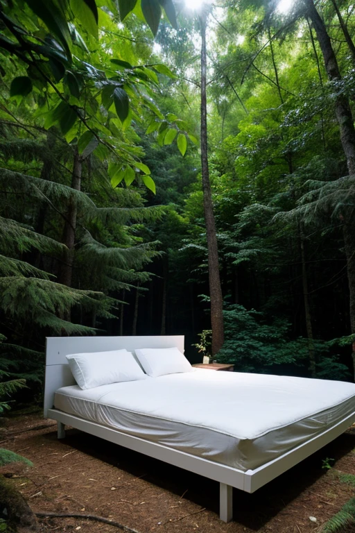 A white sleeping bed in the middle of a dense forest with plants and trees at midnight in the moonlight