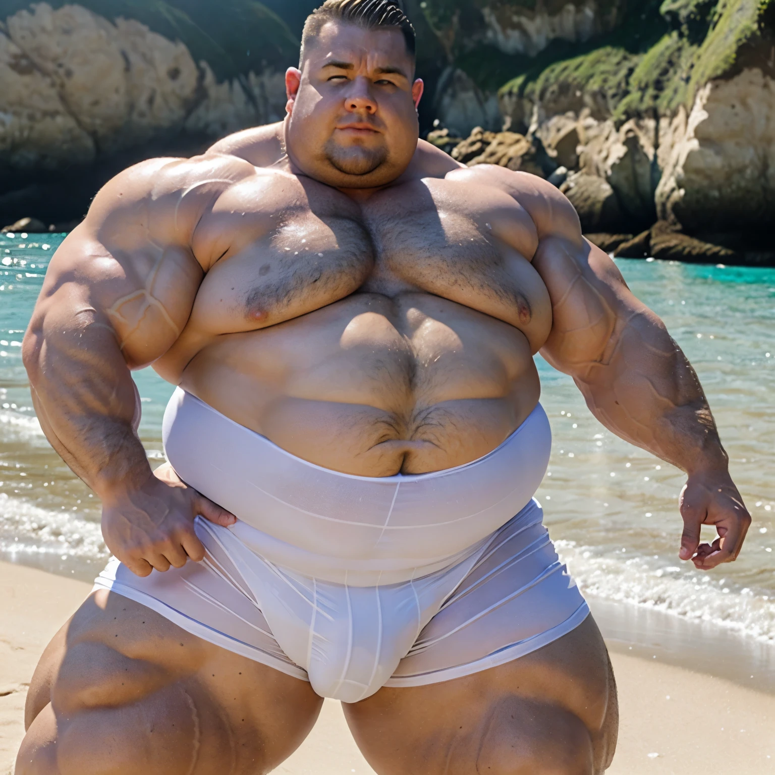 A blond male ex-bodybuilder swollen with muscles excessively bloated with anabolics and steroids, with undercut haircut, but now obese, his huge muscles seem filled with gelatinous water painfully crawling on his stomach like a slobbering slug on the beach, in his white lycra singlet and white socks